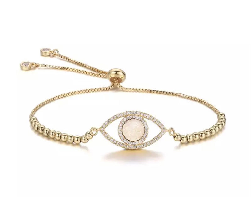 Evil Eye Natural Druzy Stone Bracelet- Gold